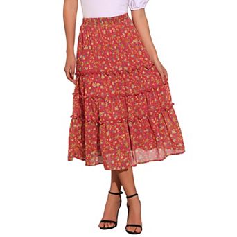 Women's Floral Print Elastic Waist Ruffle Maxi Tiered Skirt