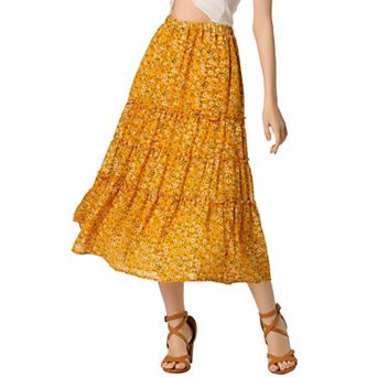 Women's Floral Print Elastic Waist Ruffle Maxi Tiered Skirt