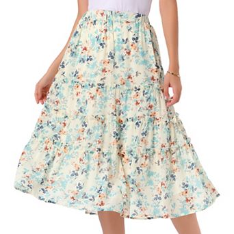 Women's Floral Print Elastic Waist Ruffle Maxi Tiered Skirt