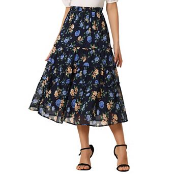 Women's Floral Print Elastic Waist Ruffle Maxi Tiered Skirt
