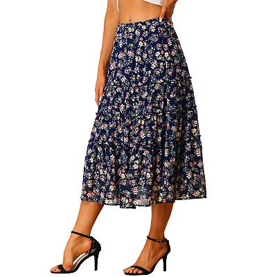 Women s Floral Print Elastic Waist Ruffle Maxi Tiered Skirt