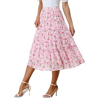 Women's Floral Print Elastic Waist Ruffle Maxi Tiered Skirt