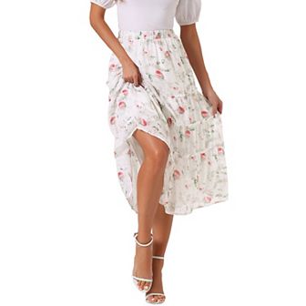 Women's Floral Print Elastic Waist Ruffle Maxi Tiered Skirt