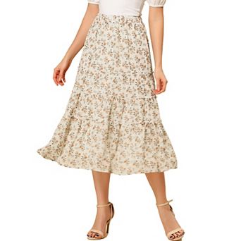 Women's Floral Print Elastic Waist Ruffle Maxi Tiered Skirt