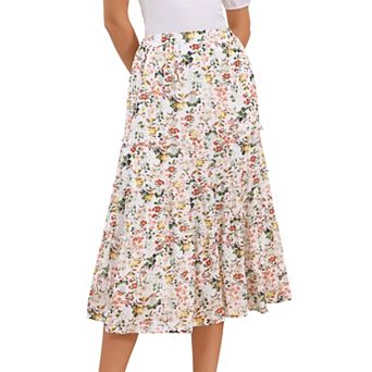 Women's Floral Print Elastic Waist Ruffle Maxi Tiered Skirt