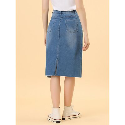 Women s High Waist Solid Jean Skirt Back Vent Midi Length Denim Skirts