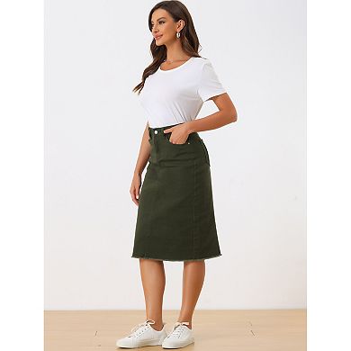 Women's High Waist Solid Jean Skirt Back Vent Midi Length Denim Skirts