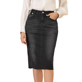 Women's High Waist Solid Jean Skirt Back Vent Midi Length Denim Skirts