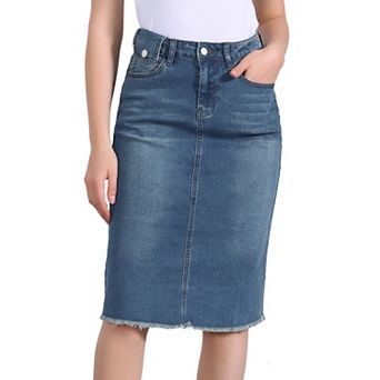 Women's High Waist Solid Jean Skirt Back Vent Midi Length Denim Skirts