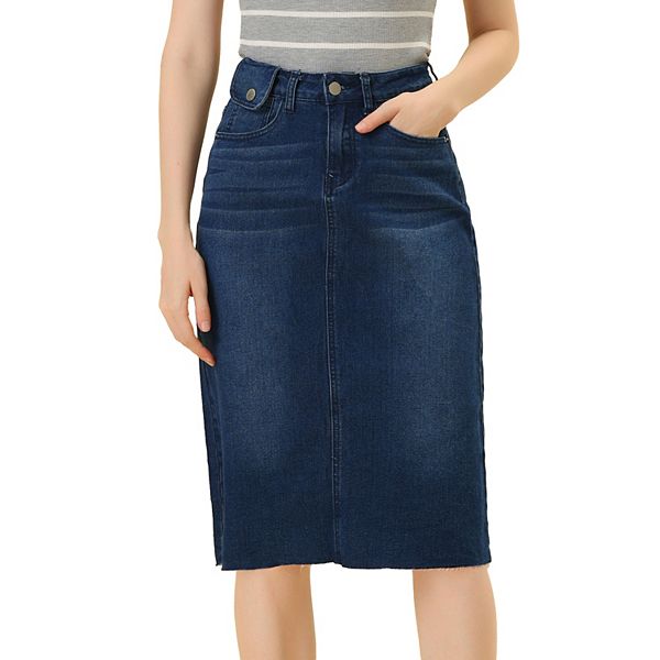 Women's High Waist Solid Jean Skirt Back Vent Midi Length Denim Skirts