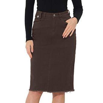 Women's High Waist Solid Jean Skirt Back Vent Midi Length Denim Skirts