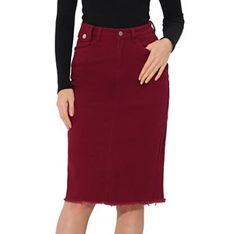 Women's High Waist Solid Jean Skirt Back Vent Midi Length Denim Skirts