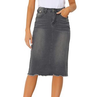 Women's High Waist Solid Jean Skirt Back Vent Midi Length Denim Skirts