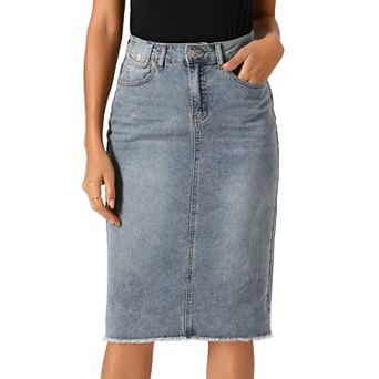 Women's High Waist Solid Jean Skirt Back Vent Midi Length Denim Skirts