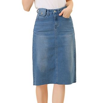 Women's High Waist Solid Jean Skirt Back Vent Midi Length Denim Skirts