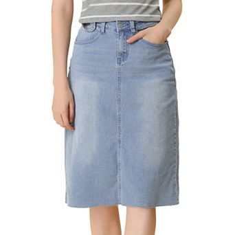Women's High Waist Solid Jean Skirt Back Vent Midi Length Denim Skirts