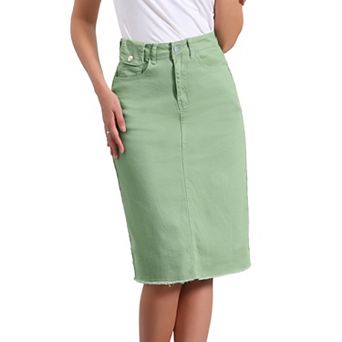 Women's High Waist Solid Jean Skirt Back Vent Midi Length Denim Skirts