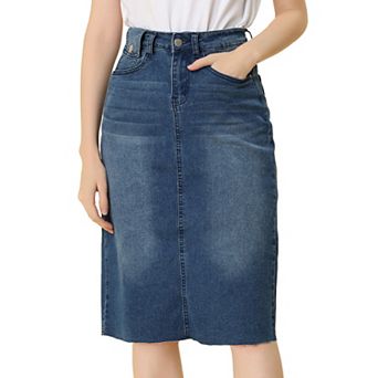 Women's High Waist Solid Jean Skirt Back Vent Midi Length Denim Skirts