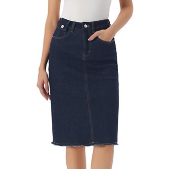 Women's High Waist Solid Jean Skirt Back Vent Midi Length Denim Skirts