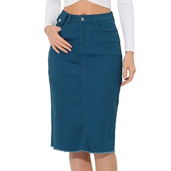 Women's High Waist Solid Jean Skirt Back Vent Midi Length Denim Skirts