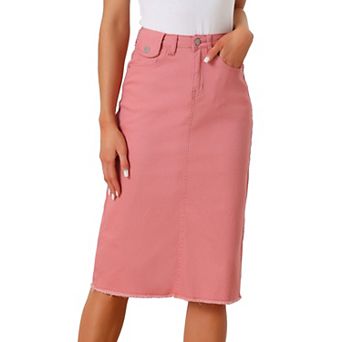 Women's High Waist Solid Jean Skirt Back Vent Midi Length Denim Skirts