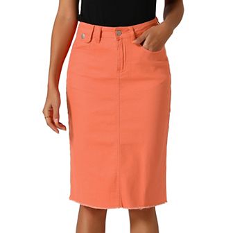 Women's High Waist Solid Jean Skirt Back Vent Midi Length Denim Skirts