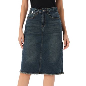 Women's High Waist Solid Jean Skirt Back Vent Midi Length Denim Skirts