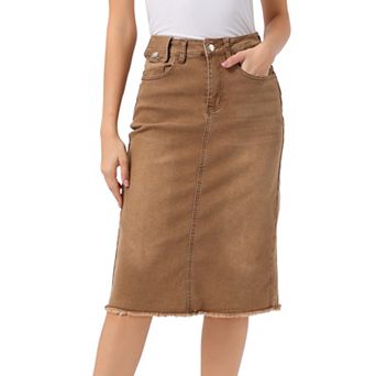 Women's High Waist Solid Jean Skirt Back Vent Midi Length Denim Skirts