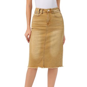 Women's High Waist Solid Jean Skirt Back Vent Midi Length Denim Skirts