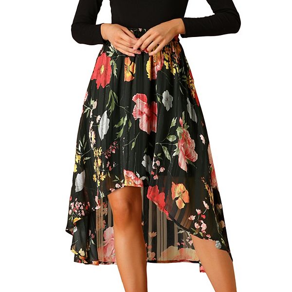 Women's High Low Hem Elastic Waist Lurex Chiffon A-Line Midi Skirt