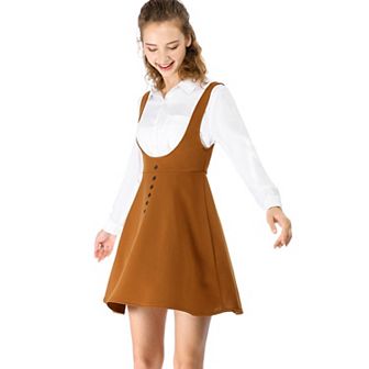 Women's Overall Pinafore Dress Button Decor Flared Suspender Skirt