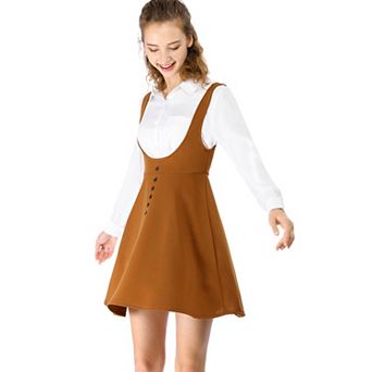 Women's Overall Pinafore Dress Button Decor Flared Suspender Skirt