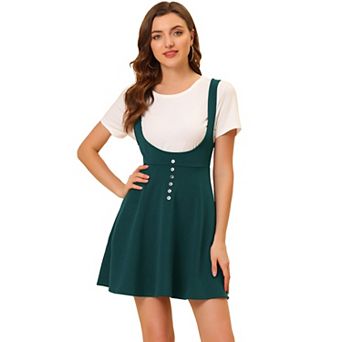 Women's Overall Pinafore Dress Button Decor Flared Suspender Skirt