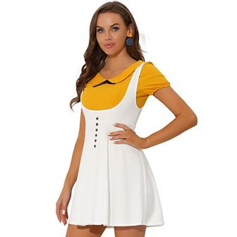 Women's Overall Pinafore Dress Button Decor Flared Suspender Skirt