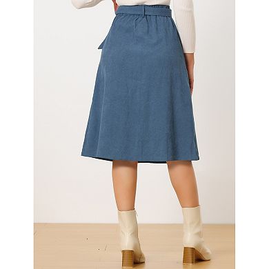 Women's High Waist Midi Skirts A-line Button Front Belted Corduroy Skirt