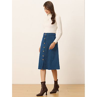 Women's High Waist Midi Skirts A-line Button Front Belted Corduroy Skirt