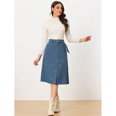 Women's High Waist Midi Skirts A-line Button Front Belted Corduroy Skirt