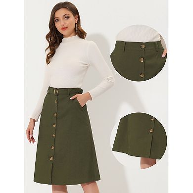 Women's High Waist Midi Skirts A-line Button Front Belted Corduroy Skirt