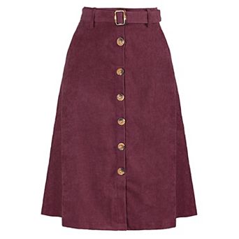Women's High Waist Midi Skirts A-Line Button Front Belted Corduroy Skirt