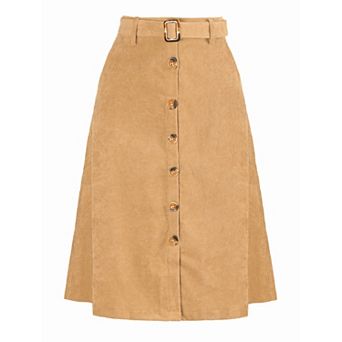 Women's High Waist Midi Skirts A-Line Button Front Belted Corduroy Skirt