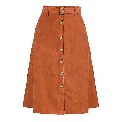 Allegra K Women s High Waist Button Front A Line Belted Corduroy Midi Skirt Caramel Medium