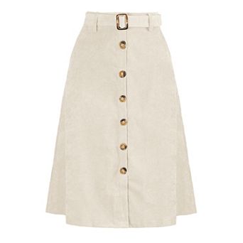 Women's High Waist Midi Skirts A-Line Button Front Belted Corduroy Skirt