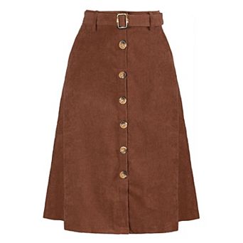 Women's High Waist Midi Skirts A-Line Button Front Belted Corduroy Skirt