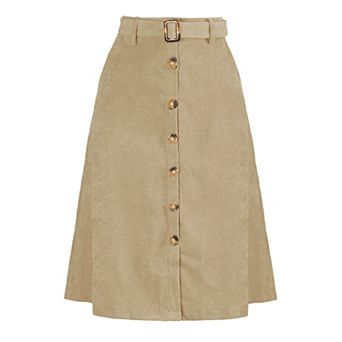 Women's High Waist Midi Skirts A-Line Button Front Belted Corduroy Skirt