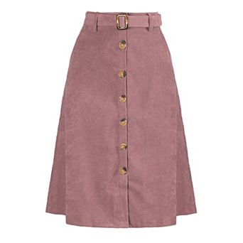 Women's High Waist Midi Skirts A-Line Button Front Belted Corduroy Skirt