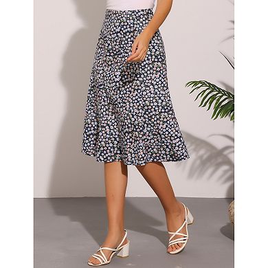 Women's Peasant Elastic Waist A-line Leave Print Midi Skirt