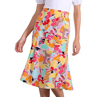 Women's Peasant Elastic Waist A-Line Leave Print Midi Skirt