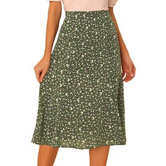 Women's Peasant Elastic Waist A-Line Leave Print Midi Skirt