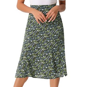Women's Peasant Elastic Waist A-Line Leave Print Midi Skirt