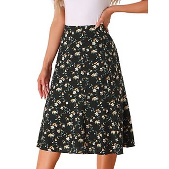 Women's Peasant Elastic Waist A-Line Leave Print Midi Skirt